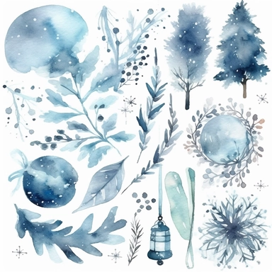 6 watercolor fancy winter clipart, isolated on white background,space out--ar3:2--s1000