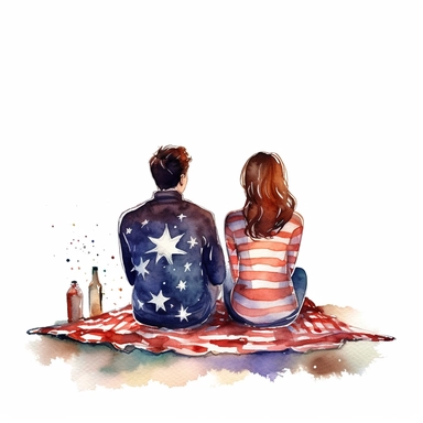 American girl and her boyfriend of 2 watching Fourth of July fireworks, sitting on blanket, view from behind, clipart, watercolor vector beautiful, isolated on white background