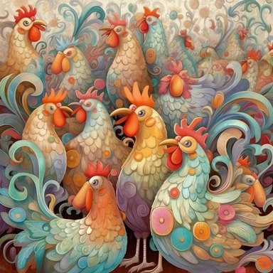 Whimsical magical wacky chickens, in a barnyard, muted colors, swirls, twists, twirls, metallic, glitter, stylized, funny, centered, airbrushed, digital oil, detailed illustration, clip art, cartoon, 8k,-- ar 9:8