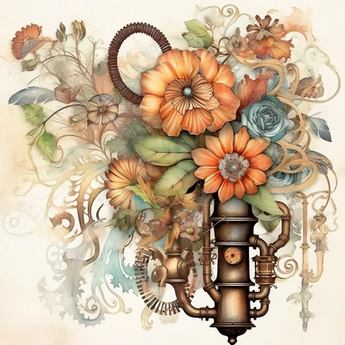 Transport your audience to a mesmerizing realm where steampunk aesthetics meet the fluid beauty of watercolor with this captivating collection of floral arrangements clipart. Harness the expressive power of watercolor as the artistic medium, allowing its translucent layers and delicate brushstrokes to bring life to the steampunk-inspired compositions. Infuse the artwork with the distinctive elements of steampunk culture, referencing the works of authors like H.G. Wells and incorporating imagery 