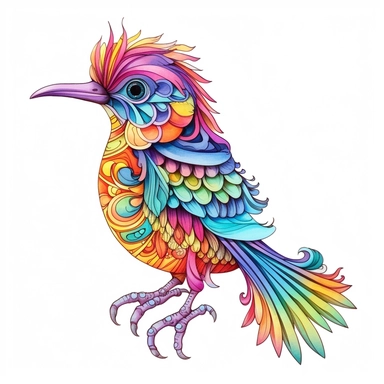 Whimsical bird with normal legs pink - orange, yellow - green, blue, ultra - detailed, cartoon style, white background, black outside lines, designs, white background, watercolor pencil drawing, small details, digital art, clipart, super acurate, –testp,