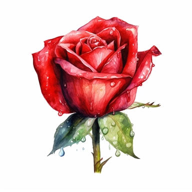 Realistic vibrant watercolour illustration, single red rose bud with high detail droplet, high detail, clear edges, clipart isolated on pure white background