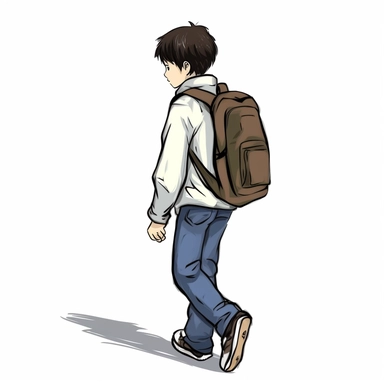 create a clip art piece of a boy walking to school with a back pack. A stark white background.
