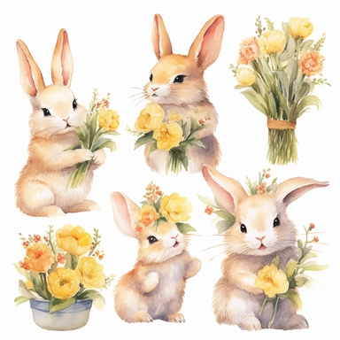 A heartwarming and enchanting collection of watercolor bunny holding flowers clipart, featuring adorable hand-painted bunnies lovingly cradling bouquets of lush flowers. Each bunny is rendered in soft, natural hues that showcase their delightful expressions and fluffy fur. The artist skillfully paints a variety of vibrant and delicate blooms, such as tulips, daisies, and lilies, creating a whimsical and endearing atmosphere. This charming clipart set is perfect for enhancing invitations, station