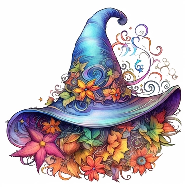 Witch hat, Halloween, style by Lusy Fleming, folk art, watercolor, clipart elements, smooth gradients, black contour outline, ultra detailed, white background, super clear, high quality