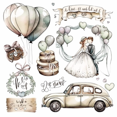 wedding rings tied with a ribbon , cute wedding illustrations clipart set, ILLUSTRATIONS FOR THE BOOK, cartoon elements, different variants, girl with long hair in a wedding veil, wedding, husband and wife Love , Hearts balloons , veil, garland, wooden elements, newlyweds are sitting on a wooden bench , on the wedding beautiful car, white transparent background separate elements with a margin Watercolor