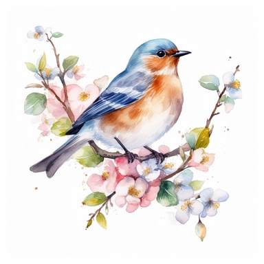 Watercolor Bird Clipart, Spring Bird, centered, Colorful Bird, Bird On Branch with flowers, Cute bird PNG, isolated on white background. no text, no caption,--q2