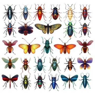 Insects Set Closeup Isolated on White Background. Design Template, Clipart of Insects Detailed Insects in Various Shapes, HD,