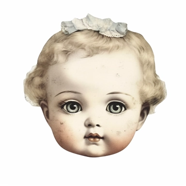 creepy vintage doll baby head, clipart, white background