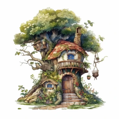 a cute fairy house built into the base of an old tree, clipart with white background, watercolor style, clearly defined separate image, high quality--ar3:4-no mockups, watermarks, numbers, writing, letters--q2--v5.1--s1000