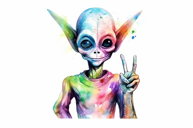 alien giving a peace sign, colorful vibrant watercolor clipart