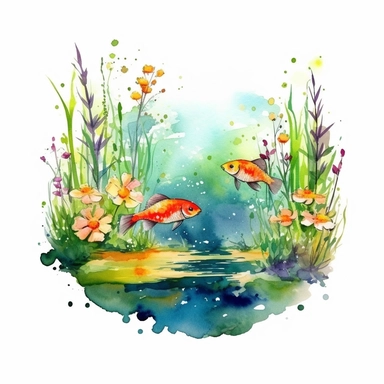 clipart, isolated on white background, Watercolor Spring pond with swimming colorful fish underwater, flowers, ornated, vivid and vibrant and saturated colors