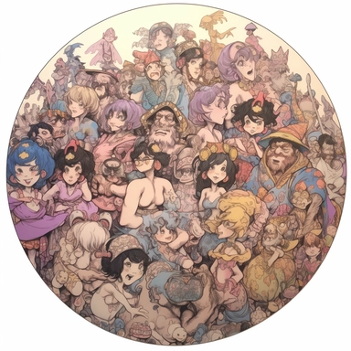 Josh Kirby's drawing depicting a crowd of cheerful onsen festival party-goers in swimsuits and yukata, European African Persian Orc Dwarf Elf, Josh Kirby Mad Max Lord of the Rings, handpainted enamel punk zine indie retrowave, clipart illustration full body character art, circular solid background, circular border