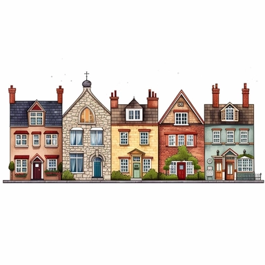 a row of quirky english countryside houses, colorful, clipart on white background