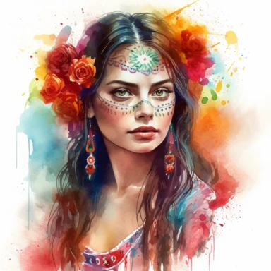 Romantic realistic watercolor of a beautiful young woman with long dark hair, dressed for Dia de Los Muertes celebration, wearing mexican traditional dress, spiritual,translucent, multi-layered, delicate, very bright colors, fashion photography, watercolor clipart--no watermarks, no text
