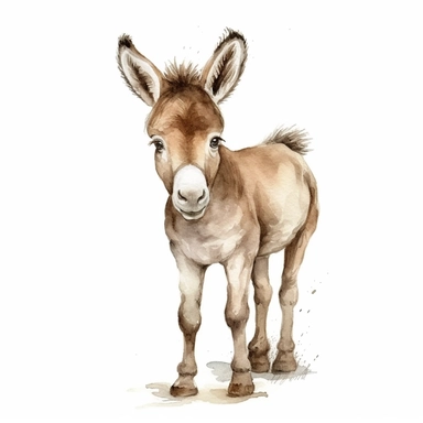 a graceful baby donkey with kind eyes clipart with watercolor illustration,full body shot,8k,etsy style, white background