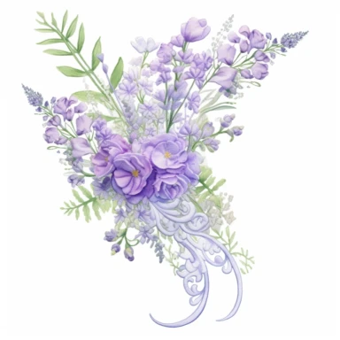 Design a dreamy watercolor clipart of a Violet Floral bouquet with greenery tied with colorful lace composition, with soft and graceful brushstrokes in a delicate color palette in shades of purple, blue, or white. Infuse the artistic style of Serenity Blooms Watercolors for a serene and calming depiction. isolated on a white background, 8k uhd, designed by Ana Victoria Calderon and Holly Exley,