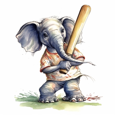 Watercolor Clipart Cute Elephant playing cricket, Neal Adams