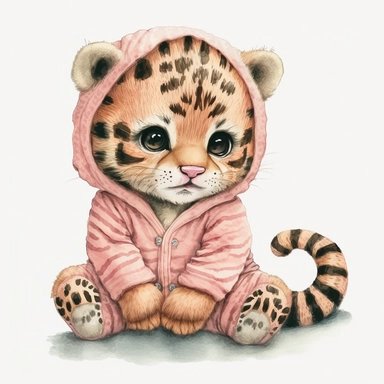 watercolor and pencil sketch of happy cute baby tiger with big eyes wearing baby pajamas, pastel pink, hyper detailed, white background, 4k, hd, Clipart