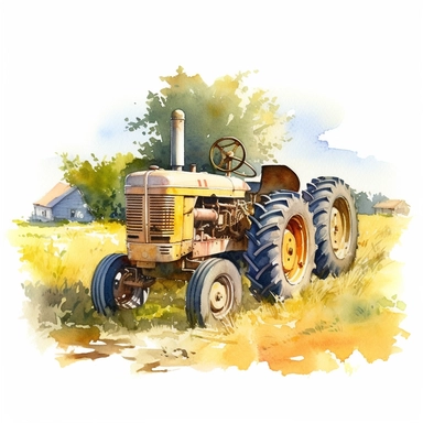 detailed watercolor old yellow tractor on farmland in summer clipart