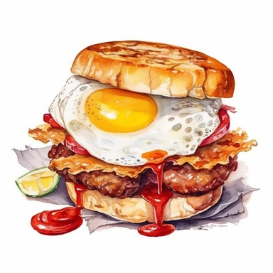 Breakfast Burger Ground beef, bacon, fried egg, cheddar cheese, hash brown, ketchup, brioche bun ,clipart water color, white background, 8k