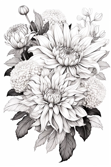 line drawing clipart of tulips and chrysanthemum in black and white