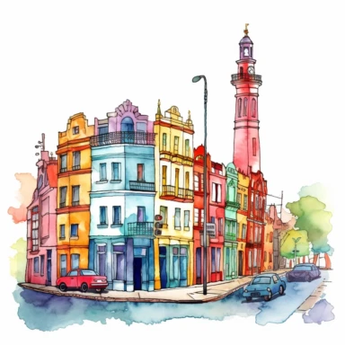 Very very cute and Whimsical street of Buenos Aires, cute houses, Obelisco, Plaza de Mayo, La Boca neighborhood, beautiful, colorful, Watercolored illustration in the style of Michael Powell, clipart, white background