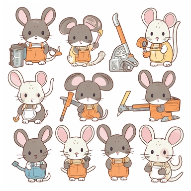 clipart cute kawaii mouse, carpenter, sticker design, vector, svg, white background,