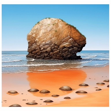 Detailed Watercolor of a beach of orange sand with a large rock covered in water, in the style of suffolk coast views, creative commons attribution, quirky pottery, eye-catching, marine biology-inspired, afro-caribbean influence, gravity-defying landscapes, clipart, sticker art, flat 2d, 8k, high definition, white background