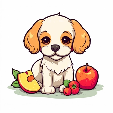 Clipart of a cute dog eating fruits kawaii style full multicolor white background