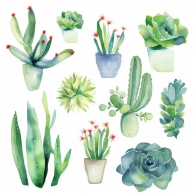 relaxed simple Watercolor Succulents Clipart Home watercolour plant Succulents digital clipart desert plant greenery png planner clipart Summer home decor, completely surrounded by white backround, zero overlap, no touching objects, all objects in the same foreground, no words