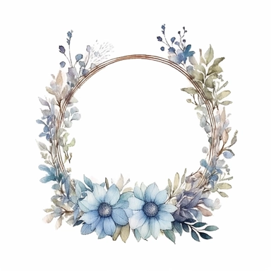 watercolor clipart of a empty suttle dainty floral oval frame surrounded by dusty blue color flowers. Capture the essence of blooming beauty and intricate details in your artwork, white background