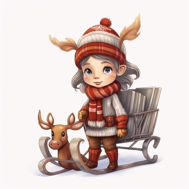 cute christmas winter reindeer elf BOY wearing winter coat woolly hat and scarf and boots pulling a sleigh full of Christmas gifts isolated on a white solid background Clipart