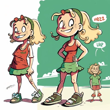 happy 6 year old normal girl on holidays, fullbody, clip art comic