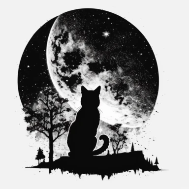 space sky moon night cat black in white painted clipart white backround