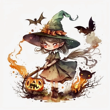 Cartoon Witch Clipart, with white Background, 8K, watercolor, HD,