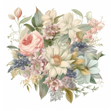 detailed floral clipart featuring an assortment of soft pastel flowers and soft green foliage arranged in an elegant bouquet, wedding style, on a white background, the composition should highlight the delicate petals, intricate patterns, and unique shapes of the individual flowers. Capture the essence of a flourishing garden with a harmonious blend of colors and a variety of floral elements, including roses, tulips, daisies, and wildflowers. Present the clipart on a transparent background, allow