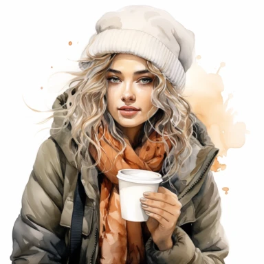 Hyperrealistic high detailed watercolor woman drinking coffee clipart, white background