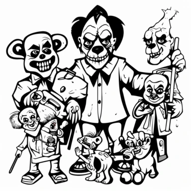 /imaginea set of black line clipart inspired by killer clowns income inequality and The Purge and Lego and Funko Pop toys