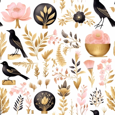 Draw a watercolor-style clip art images that feature objects related to an aesthetic adorned with floral designs. The images should have aesthetic, and should incorporate elements such as watercolor [gold] whimsical and cute illustration in watercolor of vintage, insect with black ornaments on the body, in a Scandinavian folk art style with botanical and swirl motifs. light pink gold colors Traditional with a modern twist watercoloritem collection, isolated on a white background, gourmet, classy