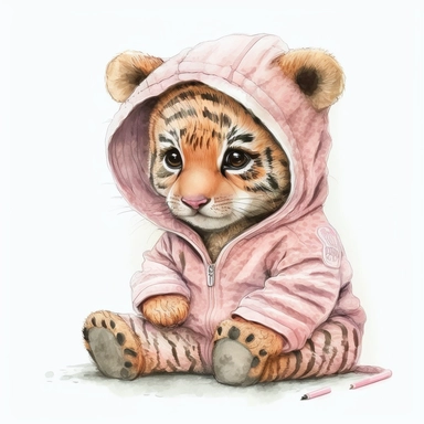 watercolor and pencil sketch of smiling cute baby tiger with big eyes wearing a baby pajamas with hood, sitting, pastel pink, hyper detailed, white background, 4k, hd, Clipart
