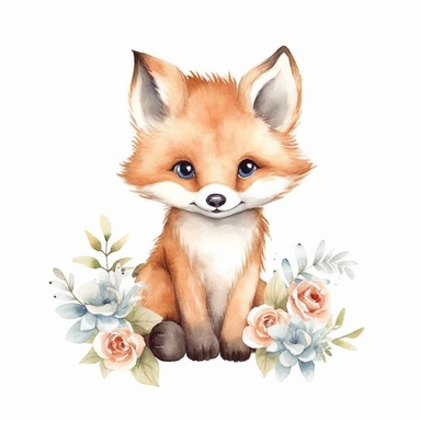 watercolor spring baby fox woodland creature on white backgroung, nursery decor, baby shower clip art, cute and whimsical design