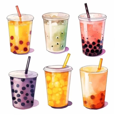watercolor hand-painted cliparts of 10 bubble tea elements. Make it look dreamy, minimalistic and artful.
