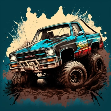 80s vintage style chevy 4x4 squarebody pickup monster truck rally in mud clipart