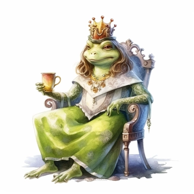 a detailed watercolor fairytale female frog clipart, as the frog adorns itself in regal attire, transporting you to a world where amphibians become noble rulers of their own realms, 8k, fantasy style, white background