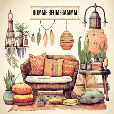 Bohemian Home Decor: Create clipart depicting bohemian-inspired home decor items like colorful rugs, throw pillows, tapestries, lanterns, succulent plants, and eclectic furniture pieces. These elements can be used to enhance interior design mockups or bohemian-themed projects with vibrant colors, organic shapes, and a sense of free-spiritedness to capture the essence of bohemian decoration.