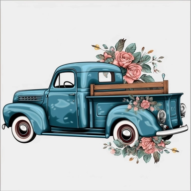 clipart, vector, western 1949 blue ford truck with side view roses decal, include roses in the truck bed,transparent background.