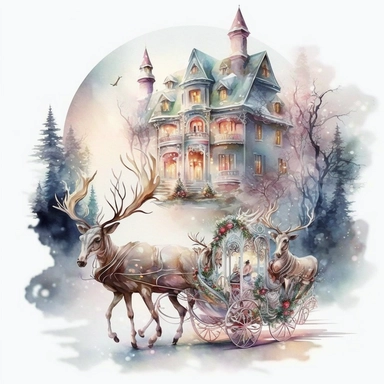 three reindeer pulling a sleigh, santa claus sitting on the sleigh, the sleigh is full of gifts, a beautiful villa in the transparent crescent, illustration, watercolor, pastel colors, Christmas atmosphere, white background, clipart, all kinds of colors, silver white