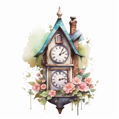 Cute Beautiful Pastel Color Clock House Flower Watercolor Clipart,Cartoon, hyper realistic, intricate detail, illustration style,high solution,on the white background