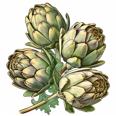 Clipart of artichokes in the style of 1930 vintage realistic drawing